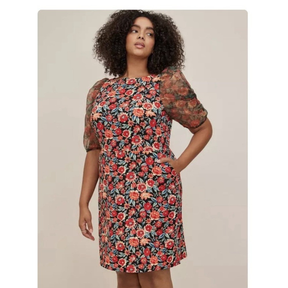 Torrid Colorful Floral Crepe Organza Puff Sleeve Shift Dress‎ Size 12 Pockets